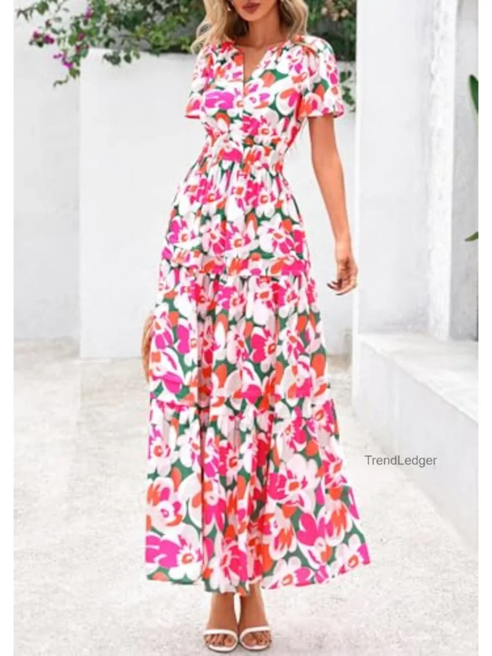 Boho Floral Maxi Dress with Pockets, V Neck, Short Sleeve, Tiered A-Line